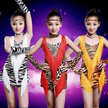 Sexy latino Rochie de Dans Fete 2019 Ciucure Zebra, Tigru, Leopard Latino Rochie pentru Copii latino Rochii pentru Fete Rochie de Concurență