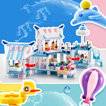 Fete Serie Ocean View Pool Villa City Blocuri Balon cu Aer Cald, Mașină de Prieteni Model Cărămizi Jucării pentru Copii Cadou de Crăciun