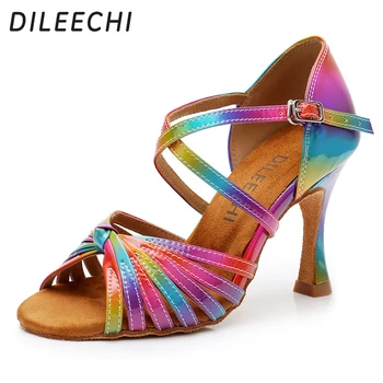 DILEECHI latină Pantofi de Dans Culorile Curcubeului luminoase PU Femei Salsa elegante Cuba Toc 9cm Sala de dans pantofi cu talpa moale