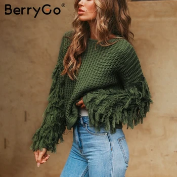 BerryGo O gâtului pulover de iarna femei Armata verde cu maneci lungi ciucure pulover casual 2018 Toamna stradă trage femme îmbrăcăminte exterioară jumper