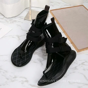 Apartament de cauzalitate pantofi pentru femei platforma sandale gladiator glezna buckled curea stilul punk flipflops piele strălucitoare cizme de vara