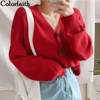 Colorfaith Pulovere pentru Femei Toamna Iarna 2019 Cardigane Tricotate Butonul Pieptul Singur Moda Stil coreean Roșu Topuri SWC5003