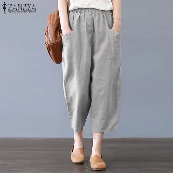 2021 ZANZEA Vara Pantaloni Harem pentru Femei Pantaloni Lenjerie Vintage Talie Elastic Pantalon Palazzo Feminin Solid Trunchiate Pantaloni Plus Dimensiune