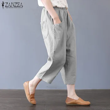 2021 ZANZEA Vara Pantaloni Harem pentru Femei Pantaloni Lenjerie Vintage Talie Elastic Pantalon Palazzo Feminin Solid Trunchiate Pantaloni Plus Dimensiune