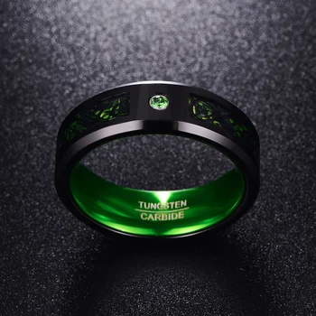 Negru suprafata dragon grava verde de zirconiu innerside 8mm lățime autentic verigheta tungsten carbide pentru bărbați inele