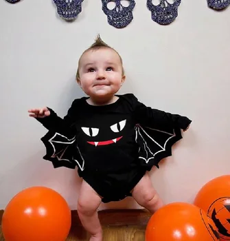 2 buc Halloween Costum de Desene animate de Imprimare O-Gât Batwing Mâneci Bodysuit Negru Pur Pălărie cu 2 Urechi Costum pentru copii Baieti Fete