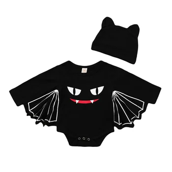 2 buc Halloween Costum de Desene animate de Imprimare O-Gât Batwing Mâneci Bodysuit Negru Pur Pălărie cu 2 Urechi Costum pentru copii Baieti Fete