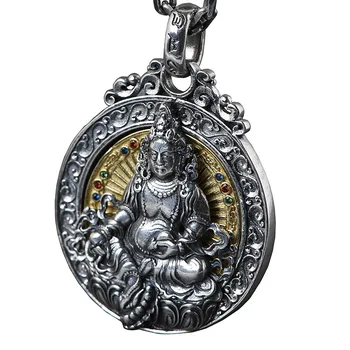 S925 Argint Vintage Thai Argint Pandantiv pentru Barbati Dumnezeu a Bogăției Tibetan Șase Cuvinte Mantra Om Mani Padme Hum Pandantiv de Argint