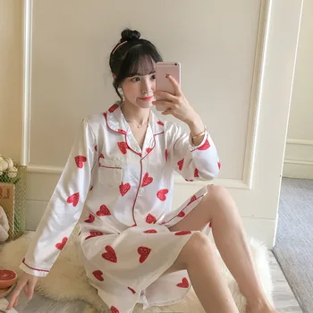 2020 Toamna cu Maneci Lungi din Satin Cămăși de noapte pentru Femei coreene Print Sleepwear Acasă Rochie de Seara Rochie de îmbrăcăminte de noapte cămăși de noapte Bună