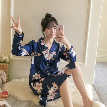 2020 Toamna cu Maneci Lungi din Satin Cămăși de noapte pentru Femei coreene Print Sleepwear Acasă Rochie de Seara Rochie de îmbrăcăminte de noapte cămăși de noapte Bună