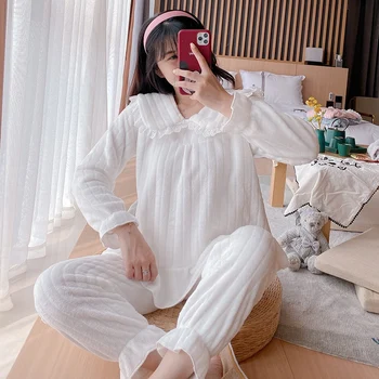 Cald Gros Cu Maneca Lunga Flanel Pijama Seturi Pentru Femei 2020 Iarna Drăguț Dantela Coral Catifea Sleepwear Homewear Pijama Mujer Haine De Acasă