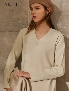Amii Minimalism Iarna de Cauzalitate Rochii Pentru Femei de Moda Solid Vneck Complet Maneca Liber Genunchi-lungime Rochie Pulover 12030631