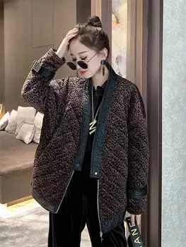 2020 Jacheta de Iarna Noi V-neck coreean Vrac Leopard de Imprimare Strat de Bumbac de Aur Catifea Hanorac Femei Kimono-Îmbrăcăminte Uza K706
