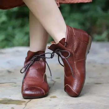 Johnature Dantela-up Cizme cu Platforma Pantofi Femei 2020 Noi, Originale, din Piele Rotund-Deget de la picior Plat Cu Cusut Manual Glezna Cizme pentru Femei