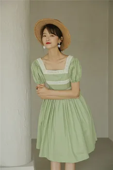 CHEERART Epocă Bumbac Verde Gât Pătrat Rochie-Tunica Femei Manșon de Puf se Potrivesc Și Flare Maneci Scurte-coreean Rochie de Vară 2020