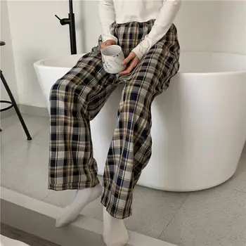 QWEEK Verificat Pantaloni Femei Stil coreean Grila de Pantaloni pentru Femei Plus Dimensiune Pantaloni Carouri de Moda Supradimensionate Largi Picior Pantaloni Casual