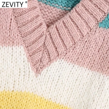 Zevity 2021 Primăvară De Moda Pentru Femei V-Neck Culoare De Potrivire Casual Cu Dungi De Tricotat Pulover Chic Lady Agrement Vestă Fără Mâneci Topuri S613