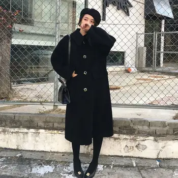 Femei Haină de Lână Amestecuri Haine Lungi Singur Pieptul Elegant Guler de Turn-down Liber Casual Negru Supradimensionat 3XL coreea Style Moda
