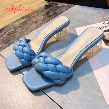 Aphixta 5 cm Toc Patrat Slide-uri de Femei Coarda Zăbrele Peep Toe Femei în Afara Sippers Pantofi Mujer Pantofi Elegante