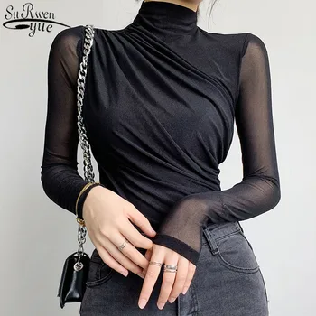 2021 Primăvară Nouă Fund Cămașă de Moda pentru Femei cu Maneca Lunga pentru Femei Bluza Plisata Împletit Plasă de Topuri Stil coreean de sex Feminin 12696