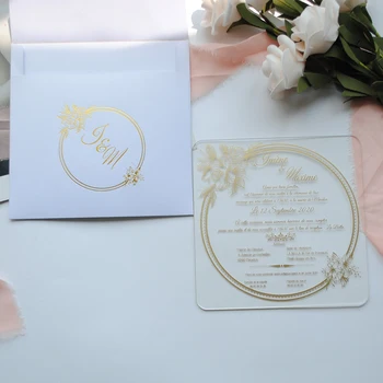 30pcs acrilică imprimată de nunta,carte de invitație,aur imprimare clar acrilic card cu plic(logo-ul de pe învălui nevoie cost suplimentar)