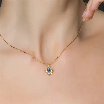 Albastru de cristal Safir pietre pretioase mici pandantiv colier pentru femei aur de 14k culoare cravată lanț de bijuterii bijoux vintage cadou sculptură