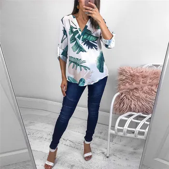 Moda Femei Bluza Frunze Imprimate Maneca 3/4 Bluza Vrac Topuri Tricou Nou 2019 Vara Doamnelor Sexy V-Neck Munca de Birou OL Tricouri