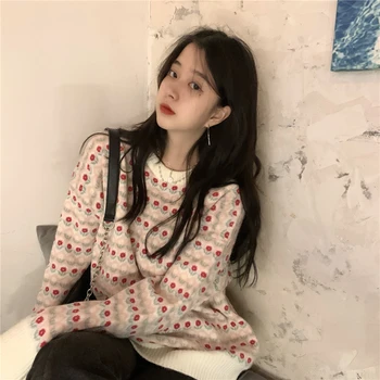 Tricotate Pulover Femei, Cu Maneci Lungi O-Gât Vrac Florale Dulci Pulover Supradimensionat Tricotate Îmbrăcăminte Coreeană Topuri Doamnelor Toamna Anului 2020