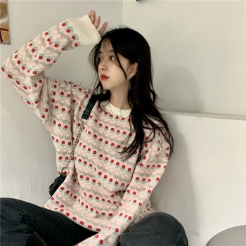 Tricotate Pulover Femei, Cu Maneci Lungi O-Gât Vrac Florale Dulci Pulover Supradimensionat Tricotate Îmbrăcăminte Coreeană Topuri Doamnelor Toamna Anului 2020