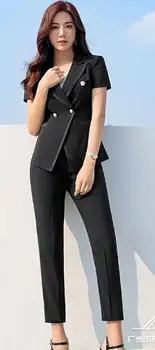 Moda de vara alb-Negru Fusta Costume Femei 2019 formale de Afaceri maneca Scurta slim sacou și pantaloni office doamnelor uzura de muncă