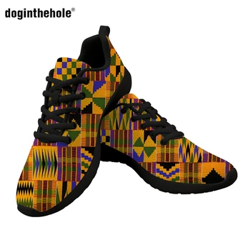 Doginthehole Trib African Kente Imprimare Femei Negru Talpa Plasă De Apartamente Pantofi Casual Cu Siret Adidași Lumina Respirația Femeie Încălțăminte