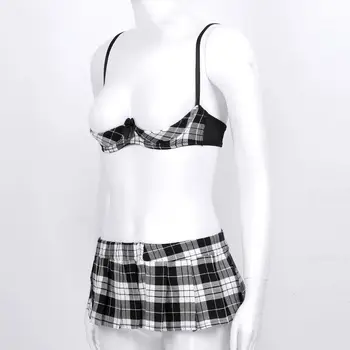 TiaoBug Femei Lenjerie Sexy Set Bretele Reglabile Deschide Cupe Sutien Top cu Fusta Mini Fata de Școală Joc de Rol Erotic Uniforme
