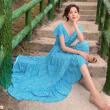 Print Floral Albastru Femeile Backless Maxi Rochie De Vara Boem Coreean Pista 2020 Partid Rochie De Plajă Tropicală Vacanta Sundress