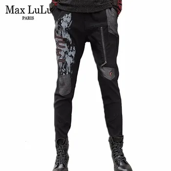 Max LuLu Primăvară de Moda Vintage Fete Elastic Pantaloni Harem coreean Femei Negru Blugi Skinny Rupti 3d Prined Femeie Pantaloni din Denim