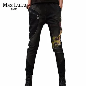 Max LuLu Primăvară de Moda Vintage Fete Elastic Pantaloni Harem coreean Femei Negru Blugi Skinny Rupti 3d Prined Femeie Pantaloni din Denim