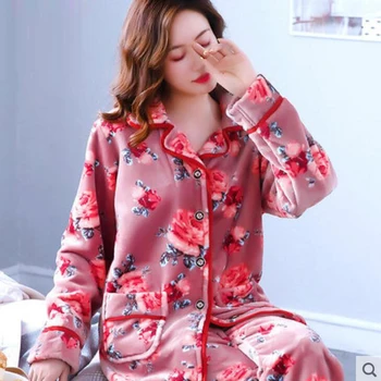 Femeile Pyjama Set Gros De Iarna Cald Coral Fleece Set Pijama Cu Maneci Lungi Pantaloni Complete Două Piese Sleepwear Costum Homewear