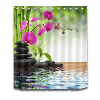 Spa Spring Zen Perdea de Duș cu Covor Set de Bambus, Orhidee Piatra Baie Ecrane Impermeabil Tesatura de Poliester pentru Cada de baie Decor