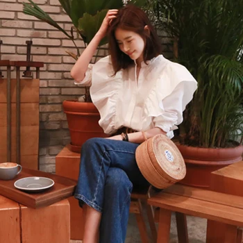2020 Primăvara anului Nou stil coreean Femei Flounced din Bumbac Tricou Manșon de Puf Bluza Dulce Elevii Topuri Femei, Topuri Blusas