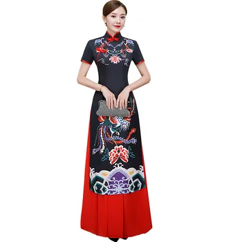 Negru de Femei Ao Dai Cheongsam Lung Rochie de Petrecere Stil Chinezesc Mandarin Guler Slim Qipao Elegant Prom anquet Rochie Vestido S-5XL
