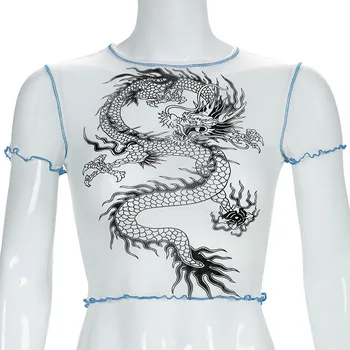 ANOTIMPURILE Maneci Scurte Dragon Print Sexy Culturilor Topuri de Vara Femei de Moda Streetwear Tinutele Plasă vedea prin T-shirt ASTS80884