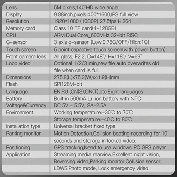 JADO D800s X7 Dash cam Flux Oglinda Retrovizoare LDWS GPS Track 10 IPS Ecran Tactil Full HD 1080P Dvr-uri Auto Recorder