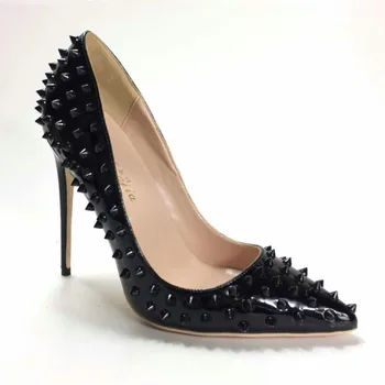 Keshangjia A Subliniat Toe Pantofi Sexy 12 Cm Nunta, Pantofi Cu Toc Femei Pompe Negru Nituri Piroane De Brevet De Pantofi Cu Toc Subțire Tocuri