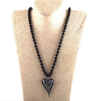 Moda Boem Bijuterii Tribale Piatră Neagră Lungă Înnodate De Metal Pandantiv Inima Coliere