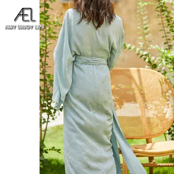 AEL satin rochie casual cu maneci lungi stil liber vara drop shoulder lace up rochie Rochie Eleganta stil Chinezesc