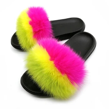 Pantofi de iarna pentru Femei Papuci de Blană de Vulpe Papuci de Vulpe Reală de păr Slide-uri cu Blană Interioară papuci Casual, Sandale de Plaja Pufos de Plus Pantofi