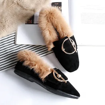 CEYANEAO2019 noua moda blană de iepure pantofi plat flip plus catifea pantofi casual Europa și de mari dimensiuni femei shoesE2214
