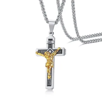 Două Tonul lui Isus Hristos pe INRI Crucifix din Oțel Inoxidabil Crucea Pandantiv Colier pentru Bărbați Catolică Bijuterii cu 24 inch