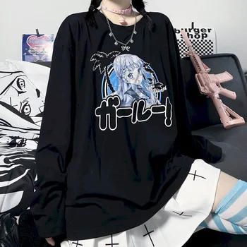 T-shirt Femei se Încadrează În 2021 Nou Sacou Feminin Versiunea coreeană benzi Desenate Japoneze de Imprimare Negru Vrac Student cu mâneci Lungi T-shirt Trend