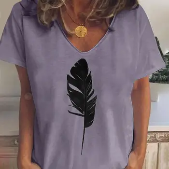 Vara Femei Camasi Vintage Moda Pene Imprimate cu Maneci Scurte T-shirt V-Neck Liber Casual Tricouri Topuri Plus Dimensiune Tricou 3XL
