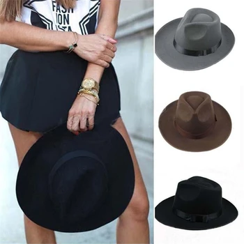 Vintage Mens Femei Greu Simțit Capac Margine Largă Pălărie Trilby Panama Pălărie De Gangster Pălării De Soare Negru Gri Nou 2019